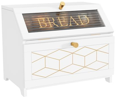 HOLTICO Double Layer Bread Box With Golden Trim for Countertop, Wooden Bread Container for Kitchen Counter, Corner Bread Storage (White)