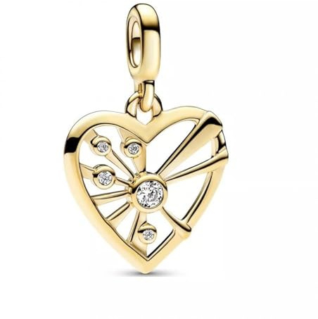 PANDORA Medallón de plata de ley con forma de corazón y rayos de metal chapado en oro de 14 quilates, circonita, compatible con pulseras ME y Moments, 763453C01, 2,2x15,4x15,2 mm, Plata de ley,