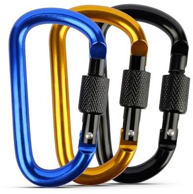 3 Locking Carabiner Set - Screw Gate, Twist Lock, Aluminium Alloy, D-ring, Key Chain, Clip Hook for Camping, Hiking, Travelling, Fishing, Backpacks