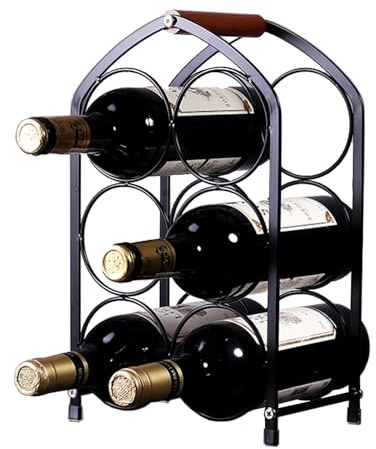 Axroad Mall Metal Wine Rack, 6 Bottles Stackable Wine Organizer with Wooden Handle, 3 Tier Freestanding Wine Bottle Storage Rack for Countertop Table Top Coffee Bar Kitchen (Black, Door Type)