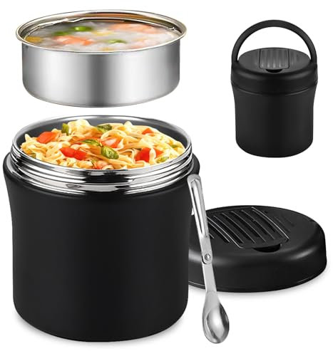 1.2L Contenitore Termico Per Alimenti Caldi, Lunch Box Con Cucchiaio Pieghevole, Contenitore Termico Di Acciaio Inossidabile, Lunch Box Termico Per Zuppa, Porridge, Riso, Frutta,Senza Bpa(Nero)
