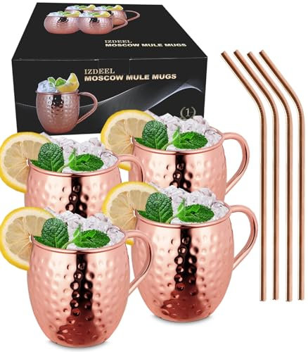 izdeel Moscow Mule Becher 4er Set Kupfer Becher 550ml für Cocktail, Gin, Bier, kalte Getränke, Zuhause, Bar, Party, Valentinstag Geburtstag Geschenke Kasten (4 Tassen und 4 Strohhalme)