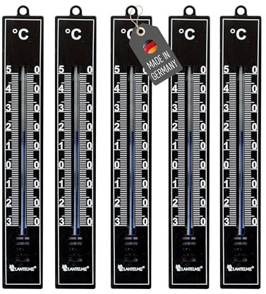 Lantelme Set di 5 termometri esterni | resistente alle intemperie, plastica di colore nero, lunghezza 17,5 cm | termometro da giardino temperatura analogica da -30 °C a 50 °C | termometro per interni