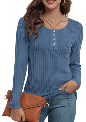 WNEEDU Maglione da Donna Slim, Magliette da Donna a Maniche Lunghe, Maglioni da Donna Casual, Magliette Henley Autunno, Magliette con Bottoni 2025, Blu scuro, M