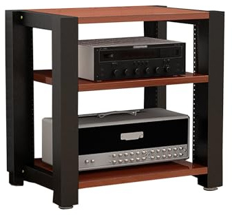 HiFi-ställ, massivt trä och stål stereostativ, justerbar hylla, skivspelare, hörnkonsol för ljudsystem och kompakta enheter (rödbrun, 60 x 51 x 60 cm)