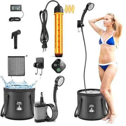 Ducha portátil mejorada 2026 con calentador para camping, bomba de ducha recargable de 6000 mAh con pantalla LED, 3 modos de pulverización, cubo plegable de 5 galones, ducha al aire libre para viajes