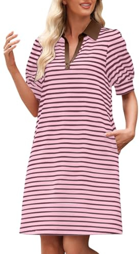 Vestido de manga corta a rayas para mujer, vestido de jersey elegante, mangas sopladas, vestido midi de líneas A, vestido de verano con cuello, vestido corto con bolsillos