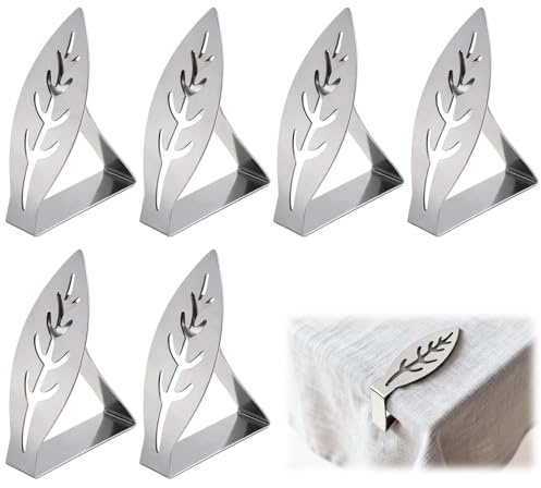 Kluz Lot de 6 Pinces à Nappe en Forme de Feuille, Pince pour Nappe de Table Extérieur/Intérieur en Acier Inoxydable, Réglable pour Table Jusqu'à 4cm d'Épaisseur, Anti-Vent