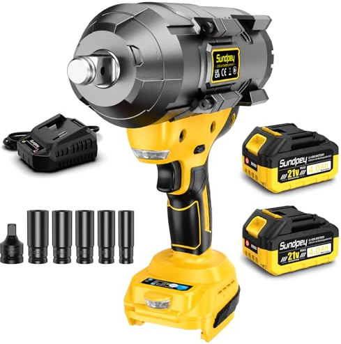 Sundpey 2000Nm Llave de Impacto Inalámbrica, 3/4'' Pistola de Impacto eléctrica con 2 * 4000mAh Baterías & 5 Enchufes & 3/4'' a 1/2'' Adaptador de Broca & Cargador Rápido, Amarillo