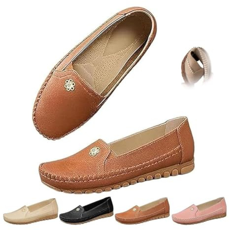 Chaussures orthopédiques en cuir légères, antidérapantes et respirantes pour femme, mocassins à enfiler avec fleurs, chaussures de marche décontractées et confortables, camel, 36.5 EU