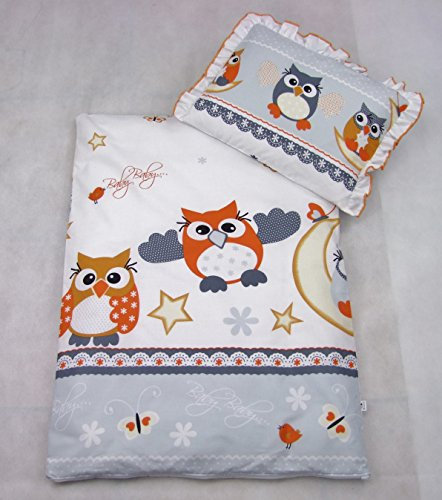 Rawstyle 4 tlg. Set Bezug für Kinderwagen *EULEN-MOTIV* Garnitur Bettwäsche Decke + Kissen + Füllung (Eulen Grau/Orange)