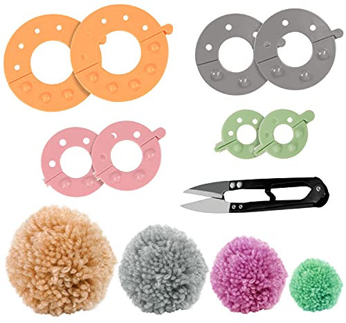 Curtzy Kunststoff Pompom Maker Set (4er Pack) mit Schneideschere - 4 Größen (3,5/5,5/7 & 9 cm) Puschel Basteln - Wiederverwendbare DIY Pom Pom Maker Fluff Ball Wolle Werkzeug