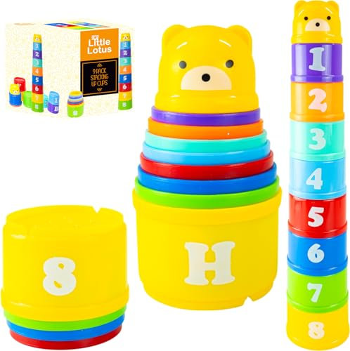 Little Lotus 9-Piece Stacking Toys - Baby Toys Stacking Cups for Early Learning Activity, Measure, Number & Alphabet Letter Recognition - Stacking toy for Baby, Toddler & Kids - Classic Design