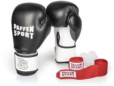 PAFFEN SPORT Start boxbindning, «FIT» boxningshandskar, svart/vit, 12UZ; Allround bandage röd, 3,5 m; «Allround» tandskydd, transparent, utan mynta