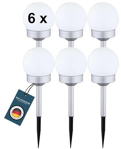 bmf-versand® LED-Solarkugel 6er Set - Solar Kugelleuchte Silber weiß - Außenkugelleuchte mit Stab - runde Solarlampen für Außen Garten - Gartenleuchte Spritzwasser geschützt - Solarleuchte