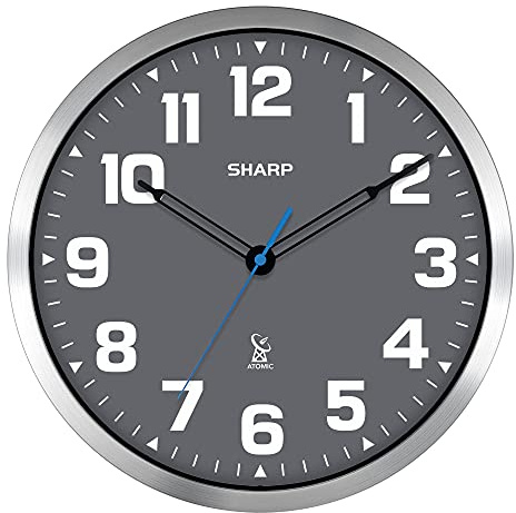 Sharp 12-Inch Atomic Wall Clock, Battery Powered, Grey Face Silver Frame