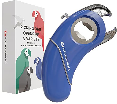 Kitchen Mama Epic One Apribottiglie Multifunzione - Apre Bottiglie con Tappi a Vite, Tappi a Corona, Lattine, Linguette, Barattoli - Ergonomico, Adatto a Mani con Artrite (Blu)