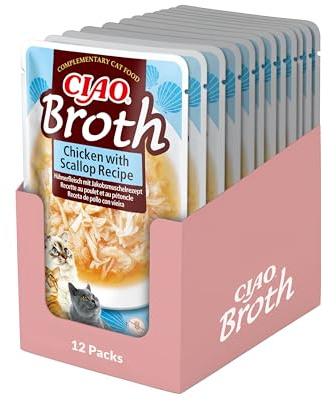 INABA Churu Broth Gatos - Receta de Pollo y Vieira - Caldo con Proteínas Animales - Sin Cereales, sin colorantes, sin conservantes - 480g (12 x 40g)