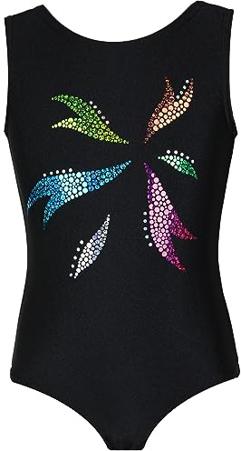 GymStern Gymnastikanzug Sterne Lycra Mädchen Turnanzug Kurzarm Kinder Turnbody kurzärmlich, Größe:134/140, Farbe:Lycra in Schwarz/FLORA