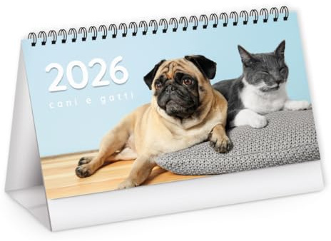 Calendario da Tavolo 2026,Calendario da Scrivania Ufficio,calendarietto spiralato da tavolo cm 19x14,5,Calendario per ufficio cane e gatti (1 pz)