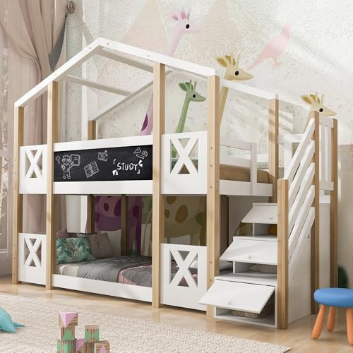 Rtopsu Letto per Bambini a Castello 90x200 cm, Letto per Ragazzi con Scaletta e Contenitore Cassetti, Letti a Soppalco con Sponde e Pannelli, Letti con Rete a Doghe, Naturale e Bianco, Senza Materasso