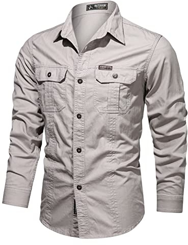 Camicie da lavoro semplici in cotone tinta unita da uomo - Camicie a maniche lunghe con bottoni, camicie da esterno, giacca a due tasche, camicie tattiche militari in tinta unita, top regular fit,