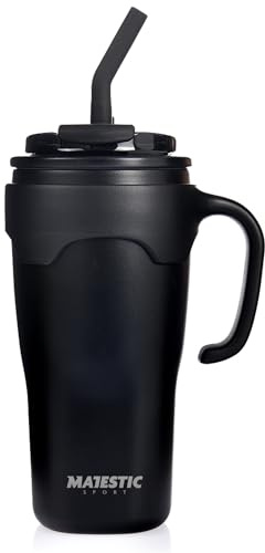 Majestic Sport Jelly Trinkbecher mit Deckel und Strohhalm 650 ml mit Henkel – Edelstahl Thermobecher mit Henkel, isolier Becher mit Strohhalm, Schwarz
