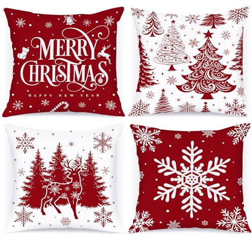 Lanpn Lot de 4 Housses de Coussin de Noël, Rouge Housse d'oreiller 40 x 40, Taie d'oreiller Décorative Arbre de Noël, Noel Deco en Hiver pour Salon Chambres Canapé, Décoration intérieure