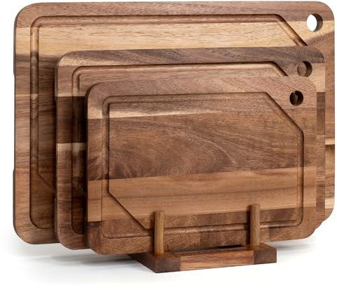 WILLKOMMEN Juego de 3 Tablas de Cortar de Madera de Acacia (37x25/30x20/25x17 cm) con Ranura Antiderrames y Agujeros para Colgar - Tabla de Cocina para Carne, Verduras y Charcutería​