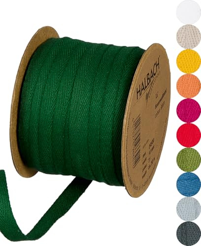 Halbach Sidenband bomullsband | 10 mm x 30 m | vävband 100% bomull | Band för pyssel som metervara | tygband för dekorationer, gör-det-själv-hantverk, snedband sömnadsarbeten, färg: grangrön