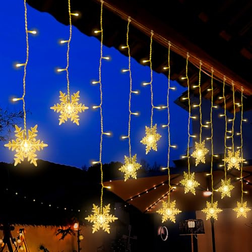 BellaGesundheit Snöflinga LED-ljusgardin 3,6 m med 94 st varmvita lysdioder, 8 flimmerlägen, vattentät, juldekoration för fönster, balkong, fest