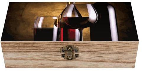 SMAZDFXX Caja de madera para guardar tres botellas de vino y copas, de acacia, con tapa abatible, gran joyero, cofre del tesoro vintage.