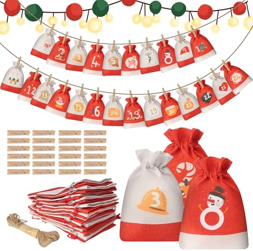 24 Pochette Calendrier de l'Avent Diy à Remplir,Calendrier de l'avent vide 18 x 13 cm,10m corde de chanvre et 24 Pinces en Bois,Noël Bricolage décoration de Noël auto-Remplissage,emballage de Noël