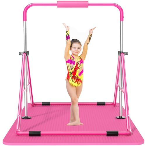 Safly Fun Gymnastikstange Kinder 3–9 Jahre, faltbare höhenverstellbare Turnstange Indoor 89–130 cm, bis 63 kg belastbar, Rosa mit Polster & Matte, leicht zu montieren, für Indoor & Outdoor