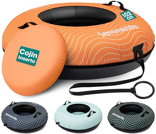 SereneLife Snowtube 101/112/122 cm – Trineo Inflable para Niños y Adultos con Base de Plástico Resistente, Cuerda de Arrastre y Diseño Deslizante para Nieve
