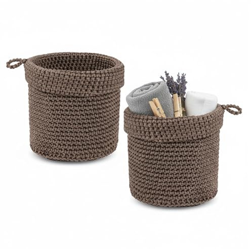 MerwDeeyt 2 cesti portaoggetti rotondi marroni, 13 x 14 cm, in tessuto, piccoli cesti portaoggetti da appendere alla parete, in corda di cotone, organizer per cucina, bagno, decorazione per la casa