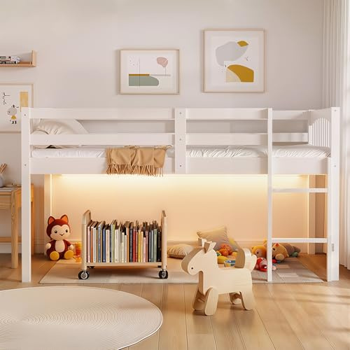 BabyVista Loft Bed Twin Size for Kids, Low Loft Bed Twin with USB Power Outlet and LED Lights, Solid Wood Kids Loft Bed Frame, Space-Saving Twin Loft Bed for Kids Bedroom Play Storage