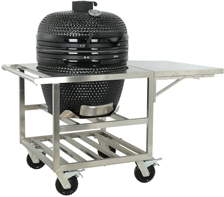 Metro Professional Barbecue Kamado au Charbon de Bois NAGADO, Céramique, Noir, Surface de Cuisson Ø 57 cm, Thermomètre Intégré, Socle Inox avec Roulettes et Table Latérale Pliante