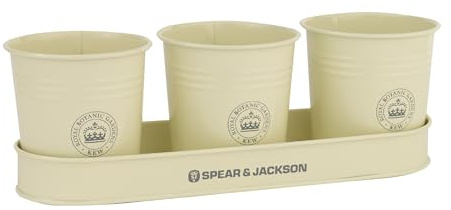 Spear & Jackson Kew Gardens Urban Oasis Set 3 Vasi con Vassoio, Fioriera da Interno in Acciaio Zincato per Erbe Aromatiche, Piantine e Bulbi, Crema