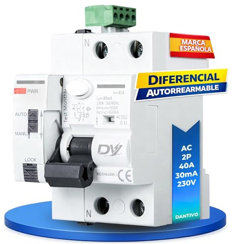 DANTIVO Diferencial Auto Rearmable 40A 30mA Tipo AC 2P – Interruptor Diferencial Rearme Automático Carril DIN – Diferencial Autorrearmable Automático Protección Eléctrica.
