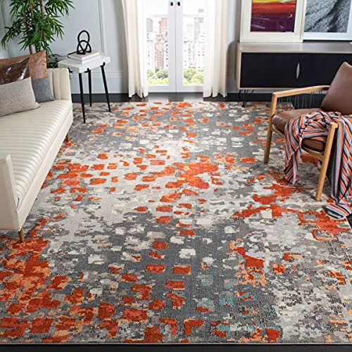 SAFAVIEH Boho Teppich für Wohnzimmer, Esszimmer, Schlafzimmer - Monaco Collection, Kurzer Flor, Grau und Orange, 91 X 152 cm