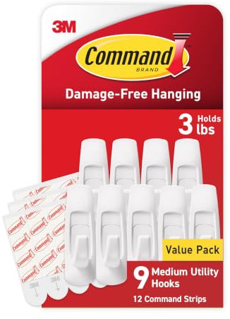 Command Medium Utility Hooks, 9 Wall Hook and 12 Strips, Damage-Free Hanging with Adhesive, No Tools Great for Hanging, Organization and Storage, Holds up to 3 lb
