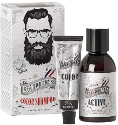 Beardburys Color Shampoo para Barba, Bigote y Cabello, Cobertura de Canas Semipermanente, sin Parabenos, Color Negro 30 ml y Activo 45 ml
