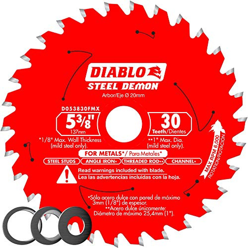 Diablo Steel Demon Carbide Saw Blade for Medium Metal - 5-3/8 x 30-Teeth, 20mm Arbor, .059 Kerf, 2° Hook Angle, .039 Plate, 6000 Max RPM - D053830FMX