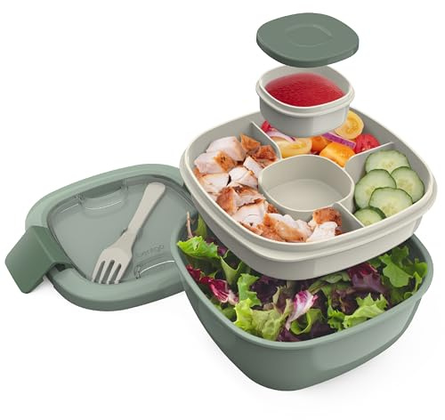 Bentgo Salad Container - 54 oz Bowl with 4-Compartment Toppings Tray, Leak-Proof Dressing Container, Reusable Fork, BPA-Free Lunch Box for Meal Prep & Food Storage; Removable Bento Tray (Khaki Green)