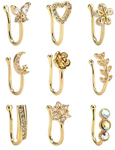 CrazyPiercing Faux Nose Jewelry Gold Cuffs With 9 Clip Nose Rings - Non Pierced, Septum