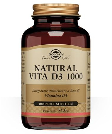 Solgar NATURAL VITA D3 1000 – Vitamina D3 naturale da olio di fegato di pesce, 1000 UI, 100 perle softgel