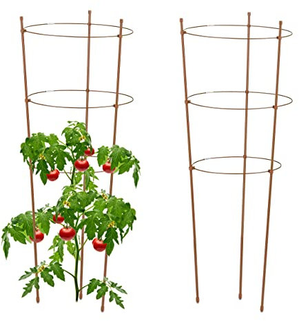 Relaxdays Rankhilfe 2er Set, Metall und Kunststoff, 76 cm hoch, 3 verstellbare Ringe, Rankstütze Kletterpflanzen, braun
