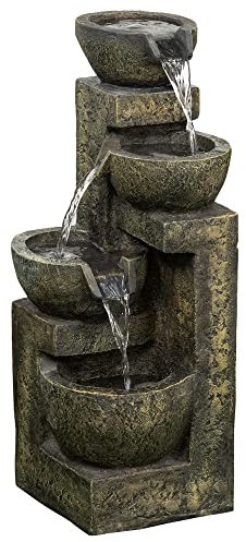 Outsunny Springbrunnen aus Kunstharz Outdoor Gartenbrunnen mit Einstellbarer Strömung Dekorationsbecken 4 Stufen Zierbrunnen für Garten Terrasse Rasen 25cm x 24cm x 60cm Schwarz
