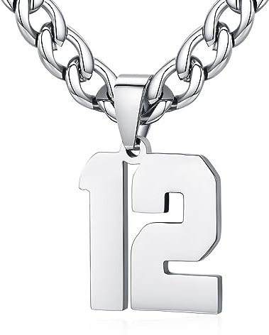 XIRUVE Herren Damen Edelstahl 0-99 Zahl Anhänger Glückszahl Jersey Nummer Sportler Halskette Personalisierte mit 6mm breite Panzerkette 12